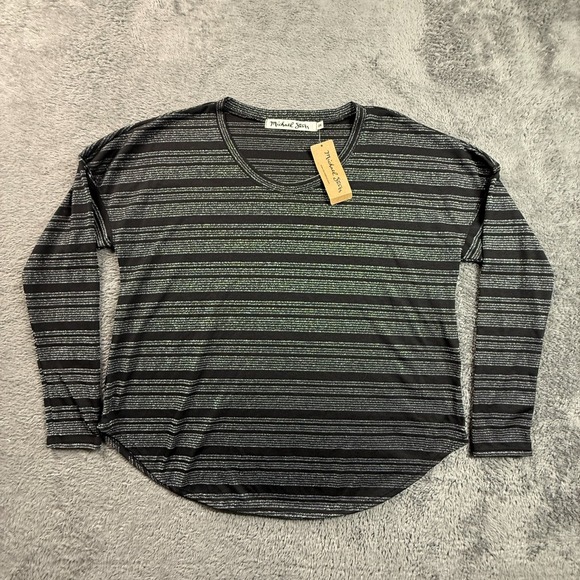 Michael Stars Tops - Michael Stars NWT Womens OS Black Silver Lurex Stripe Long Sleeve Top Wide Neck